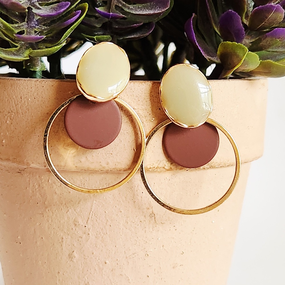 Gold Tone Geometric Drop Earrings Cream Oval Burgundy Disc Hoop Post Back
